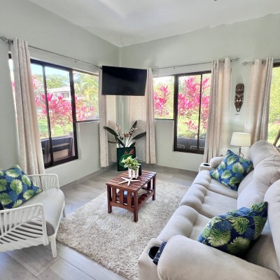 Bright living room with beige sofas, tropical cushions, TV, and large windows with garden view.