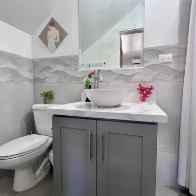 Small bathroom with gray tiles, a vessel sink, and gray cabinet. Art and plants decorate the space.