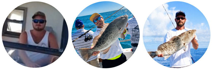 Three circular images of a person with fish, wearing sunglasses.